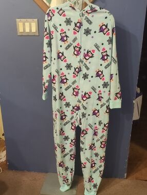 LG Joe Boxer Women Light Blue Winter Penguin Print One-Piece Pajama Jumpsuit